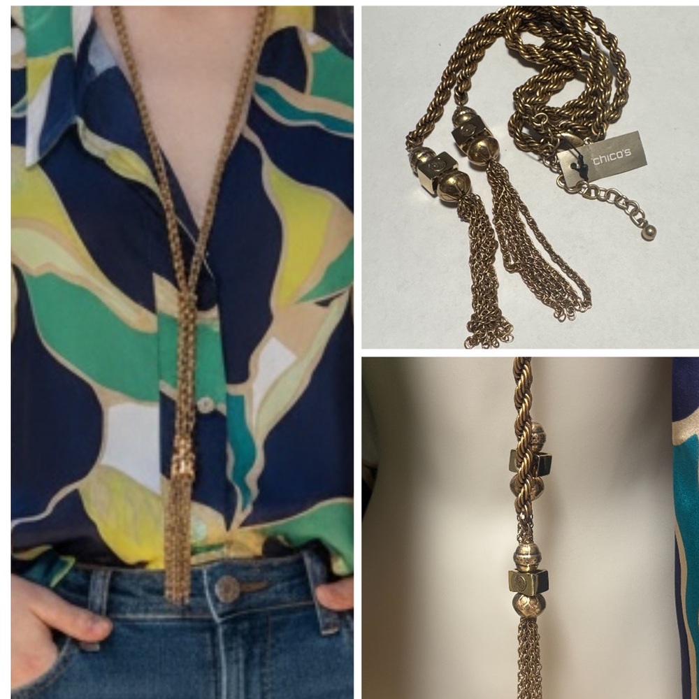 Chico’s Gold Tone Rope Chain Tassel Lariat Necklace Adjustable (BR666/7)